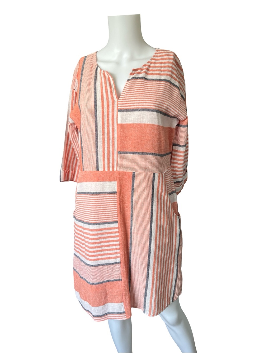 Soft Surroundings Biarritz Shift Dress Linen Blend Orange Stripe Size Small